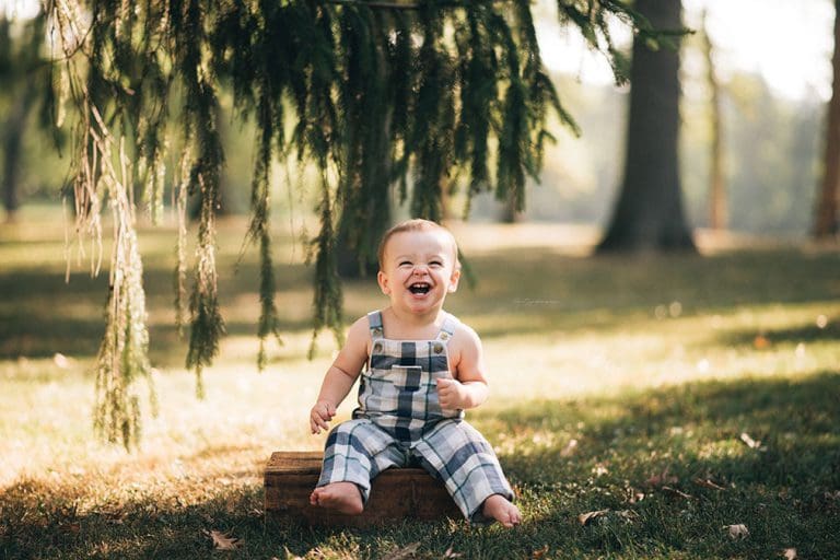 Smiling baby on box under a tree in Hinsdale, IL