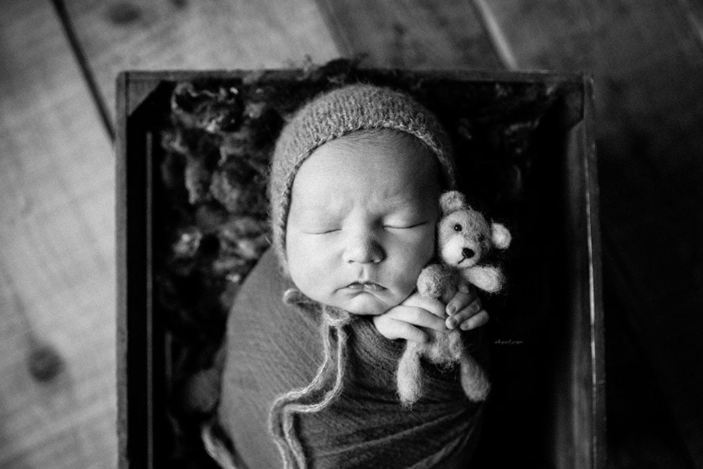 moody black and white photo of baby in box against hardwood floor planks holding a little bear